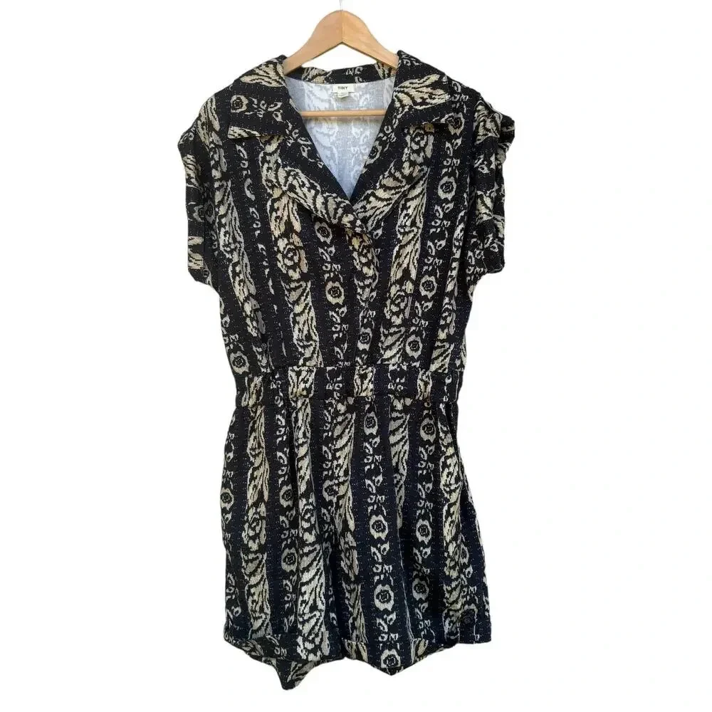Tiny Anthropologie Ella Romper in Blue Motif Size M Tribal Print in Navy Beige